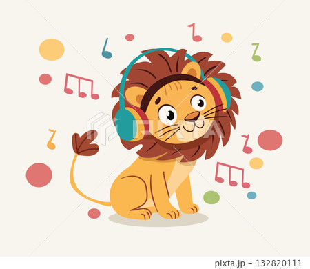 Adorable Cute Lion is wearing a headphone and listening to music Adorable Cute Lion is wearing a headphone and listening to music 132820111