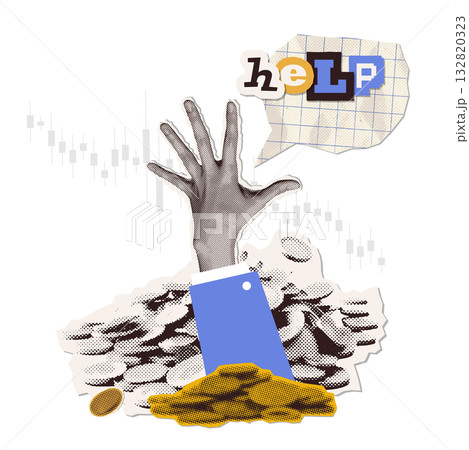 Halftone collage. Concept of business problems, a request for help, a helping hand, the idea of overcoming difficulties in a crisis. Businessman hand pulls coins from a pile and calls for help. Vector 132820323