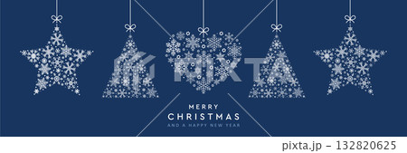 christmas greeting card with hanging snowflake fir tree heart and star decoration vector illustration christmas greeting card with hanging snowflake fir tree heart and star decoration vector illustration 132820625