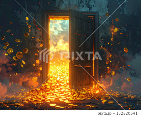 A metaphorical, massive door swings open, dramatically revealing a vibrant, chaotic cascade of glowing gold coins. A metaphorical, massive door swings open, dramatically revealing a vibrant, chaotic cascade of glowing gold coins. 132820641