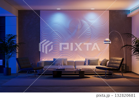 Luxury Modern Living Room with Sculptural Bas-Relief Wall Panel Luxury Modern Living Room with Sculptural Bas-Relief Wall Panel 132820681