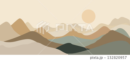 Abstract mountain landscape with soft neutral tones, layered hills and gentle sunrise for minimalist wall art and design 132820957