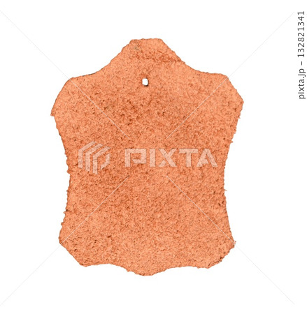 Irregular shaped brown leather swatch featuring a soft suede texture a small hole, ideal for tag and branding concepts transparent background 132821341
