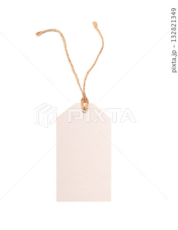 Blank white rectangular tag with natural jute twine string. Providing copy space for design, text, or isolated information transparent price background 132821349