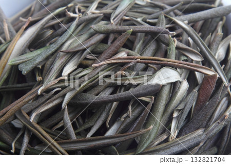 Real olive green fallen leaves, isolated on white background, close-up flat lay top view. Real olive green fallen leaves, isolated on white background, close-up flat lay top view. 132821704