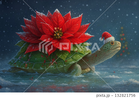 Turtle with red poinsettia flower on its shell wearing Santa hat in snowy scene. Digital illustration with fantasy style. Christmas holiday and winter season concept for design and print. 132821756