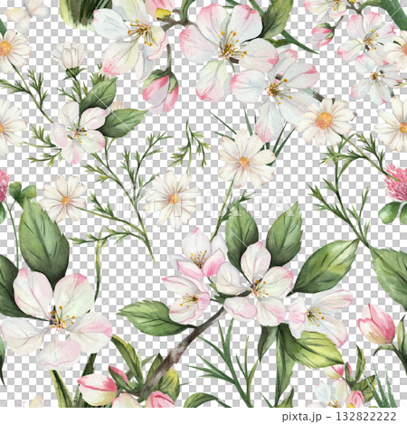 Watercolor seamless pattern with white and pink flowers, daisy, green leaves and delicate spring branches. Hand drawn floral white background isolated on white, perfect for fabric and design. Watercolor seamless pattern with white and pink flowers, daisy, green leaves and delicate spring branches. Hand drawn floral white background isolated on white, perfect for fabric and design. 132822222