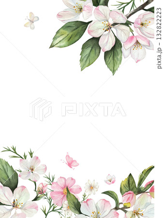 Vertical watercolor frame with apple blossoms, butterflies and pink flowers. Hand drawn border with green leaves on clean white background. Elegant rectangular illustration with space for text 132822223