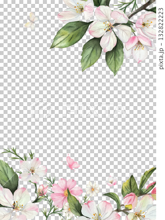 Vertical watercolor frame with apple blossoms, butterflies and pink flowers. Hand drawn border with green leaves on clean white background. Elegant rectangular illustration with space for text 132822223
