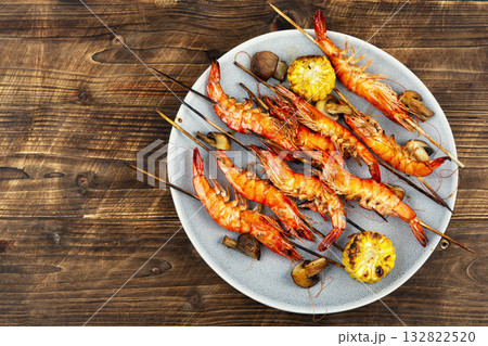 Shrimp langoustines skewers. Shrimp langoustines skewers. 132822520
