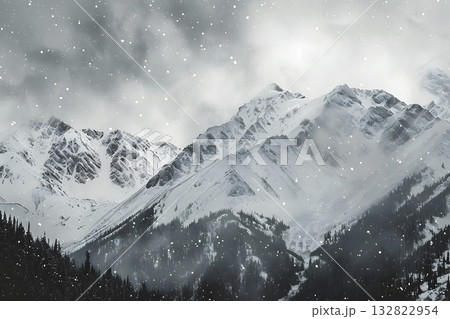 Fine Art View of Mountains in Winter Storm with Atmospheric Grayscale Tones 132822954