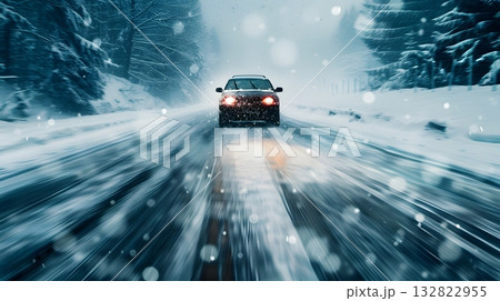 Vehicle in Snowy Landscape with Blurred Motion on Icy Road During Harsh Winter Conditions 132822955