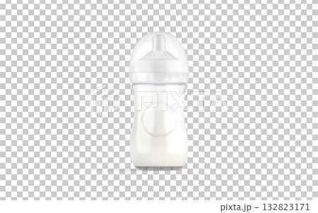 Blank white plastic baby bottle with milk mockup, transparent background, png, front view, 3d rendering. Empty nursing nipple for child nutrition mock up, cut out. 132823171