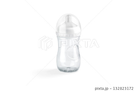 Blank transparent glass baby bottle mockup, transparent background, png, side view, 3d rendering. Empty anti-colic nursing nipple for newborn mock up, cut out. 132823172