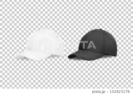 Blank black and white baseball cap mockup, transparent background, png, half-turned view, 3d rendering. Empty textile or flannel head accessory mock up, cut out. Blank black and white baseball cap mockup, transparent background, png, half-turned view, 3d rendering. Empty textile or flannel head accessory mock up, cut out. 132823178