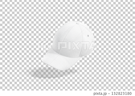 Blank white baseball cap mock up, transparent background, png, no gravity, 3d rendering. Empty fabric or jeans head cover for sporty outfit mockup, cut out. 132823180