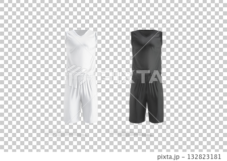 Blank black and white basketball uniform mockup, transparent background, png, front view, 3d rendering. Empty sporty jersey clothing for dribbling mock up, cut out. Blank black and white basketball uniform mockup, transparent background, png, front view, 3d rendering. Empty sporty jersey clothing for dribbling mock up, cut out. 132823181