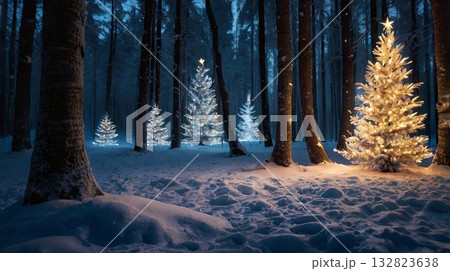 A magical winter forest at night, illuminated by golden lights, surrounded by a sparkling Christmas tree. A banner for holiday, nature, and fantasy themes. A magical winter forest at night, illuminated by golden lights, surrounded by a sparkling Christmas tree. A banner for holiday, nature, and fantasy themes. 132823638