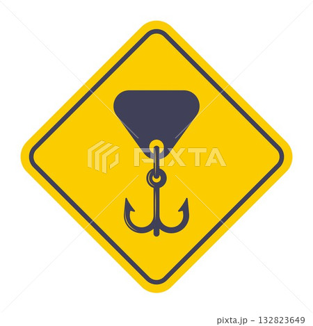 Black icon of a hook with a spoon for fishing. Black icon of a hook with a spoon for fishing. 132823649