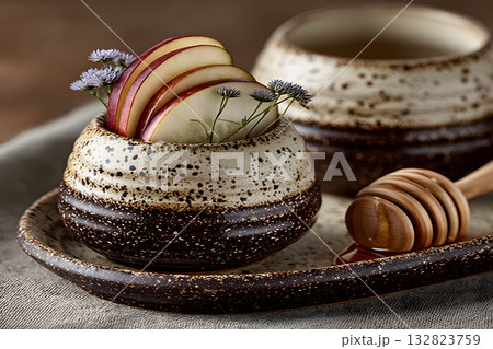 Rustic Autumn Table Setting with Apples and Honey for Cozy Gatherings Generative AI Rustic Autumn Table Setting with Apples and Honey for Cozy Gatherings Generative AI 132823759