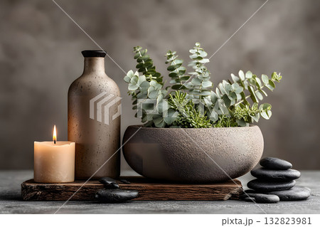 Zen-Inspired Decorative Arrangement with Candle, Eucalyptus, and Natural Stones Generative AI 132823981