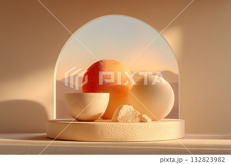 Minimalist Abstract Still Life with Spheres and Bowl in Warm Tones for Modern Decor Generative AI 132823982