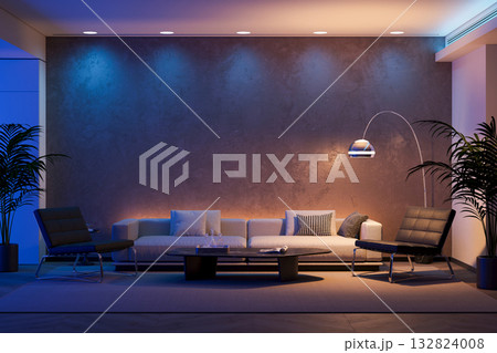 Industrial Loft Living Room with Deep Blue and Warm Orange Ambient Lighting. Industrial Loft Living Room with Deep Blue and Warm Orange Ambient Lighting. 132824008