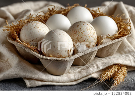 Rustic Organic Eggs in Carton Nesting on Linen with Wheat Stalks Generative AI 132824092