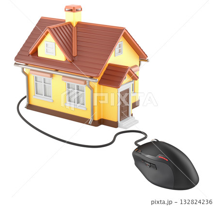 Smart Home concept. House with computer mouse. 3D rendering Smart Home concept. House with computer mouse. 3D rendering 132824236