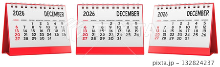 Desk calendar, December 2026. Front and side views, 3D rendering Desk calendar, December 2026. Front and side views, 3D rendering 132824237