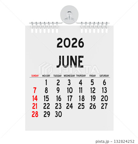 June 2026, wall calendar. 3D rendering June 2026, wall calendar. 3D rendering 132824252