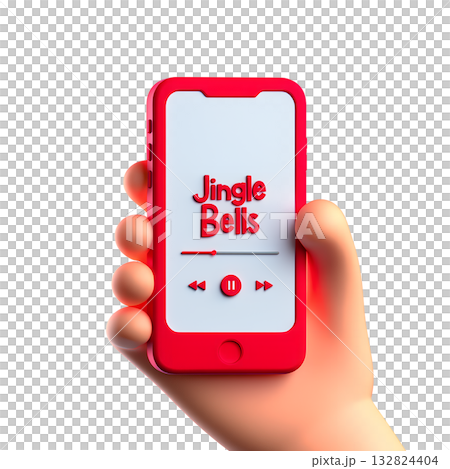 3d cartoon hand holding smartphone displaying festive christmas music player app with holiday-themed interface, perfect for streaming season concepts 132824404