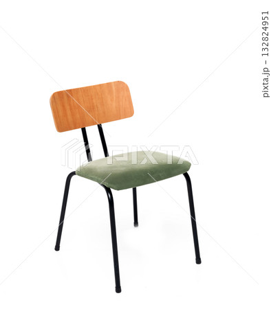 Modern minimalist chair with green upholstered seat, wooden backrest, and black metal legs on white background. Modern minimalist chair with green upholstered seat, wooden backrest, and black metal legs on white background. 132824951
