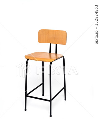 Simple wooden bar chair with black metal legs, minimalist industrial design isolated on white background. 132824953