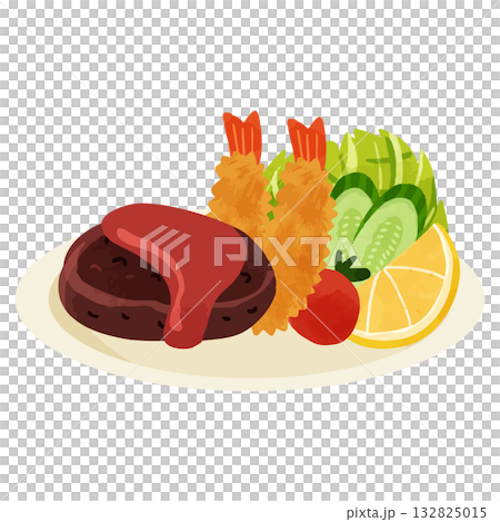 漢堡牛排與炸蝦什錦拼盤，水彩風格手繪向量圖 132825015