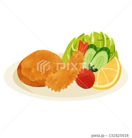 ポテトコロッケとエビフライのミックスプレート　水彩風手描きベクターイラスト 132825016