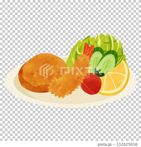 ポテトコロッケとエビフライのミックスプレート　水彩風手描きベクターイラスト 132825016