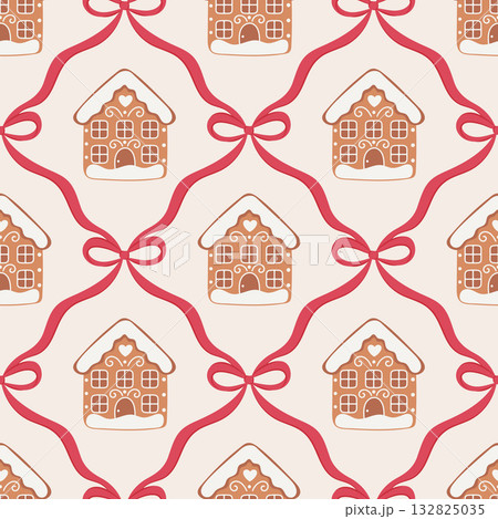 Seamless pattern with gingerbread houses and red bows on beige background Seamless pattern with gingerbread houses and red bows on beige background 132825035