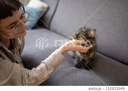 Young cheerful woman pet owner spending time at home with cat, sitting beside couch stroking kitty. Young cheerful woman pet owner spending time at home with cat, sitting beside couch stroking kitty. 132825049