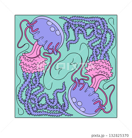 Art nouveau style jellyfish swimming in ocean hand drawn vector illustration 132825370