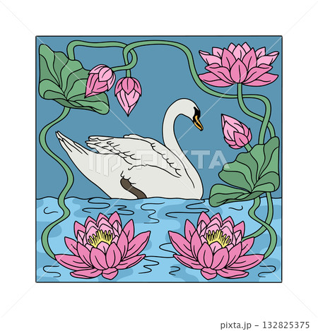 Vintage art nouveau style hand drawn swan swimming in lake and lotus flowers symmetrical composition for coloring page 132825375