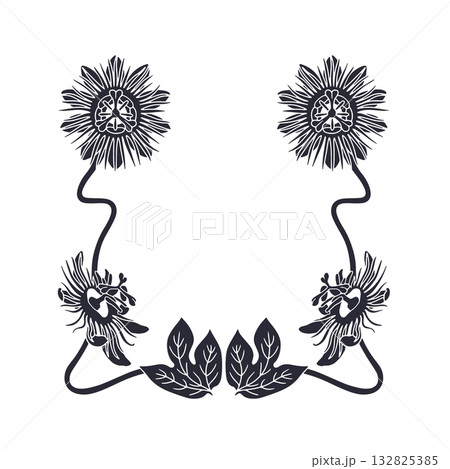 Art nouveau vintage hand drawn black and white passion flower silhouette frame vector illustration. Monochrome floral border card template 132825385
