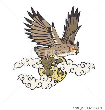 Hand drawn owl flying in night sky with full moon isolated on white background 132825391