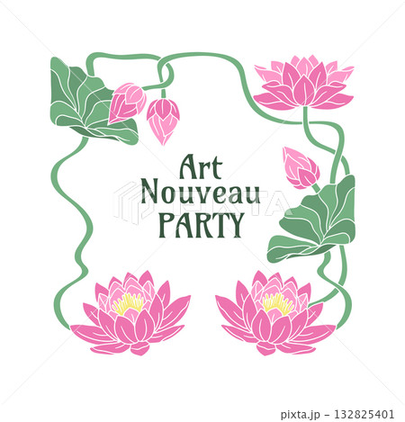 Vintage hand drawn pink lotus flowers frame vector illustration and text Art Nouveau Party 132825401