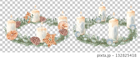 Christmas Advent Wreaths set with burning Candles. Winter plants and Christmas toys. Fourth Advent. Hand drawn Illustration in vintage style isolated on background. For Cards, Invitations and prints. Christmas Advent Wreaths set with burning Candles. Winter plants and Christmas toys. Fourth Advent. Hand drawn Illustration in vintage style isolated on background. For Cards, Invitations and prints. 132825418
