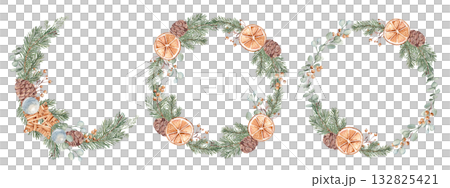Christmas Wreaths, circle frames set. Winter plants and dry orange slices. Hand drawn Botanical Illustration of Fir Branches, Eucalyptus, Pine Cones and Berries isolated on white background. For 132825421
