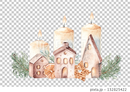 Watercolor Christmas Advent Composition. Third Advent. Candles with Ceramic houses in Fir Branches and eucalyptus. Orange slice and Winter berries. Cozy home decoration in Rustic style. Hand drawn 132825422