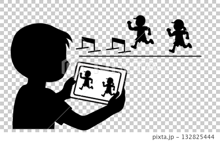 Silhouette illustration of a child taking a picture of a physical education class on a tablet 132825444