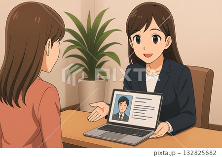 ノートパソコンで男性のプロフィールを見せるアドバイザー 132825682