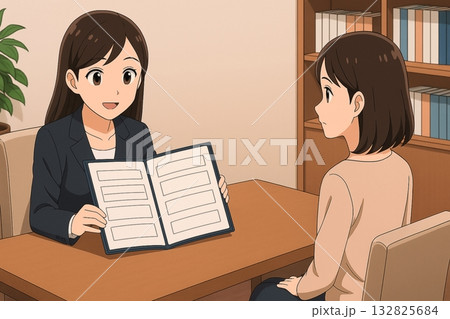 結婚相談所で資料を開きながら説明する女性相談員 結婚相談所で資料を開きながら説明する女性相談員 132825684